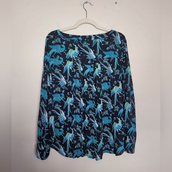 LOFT Snowbird Peacock Print Blouse Novelty Pleated Back Career Office Medium - Picture 9 of 13